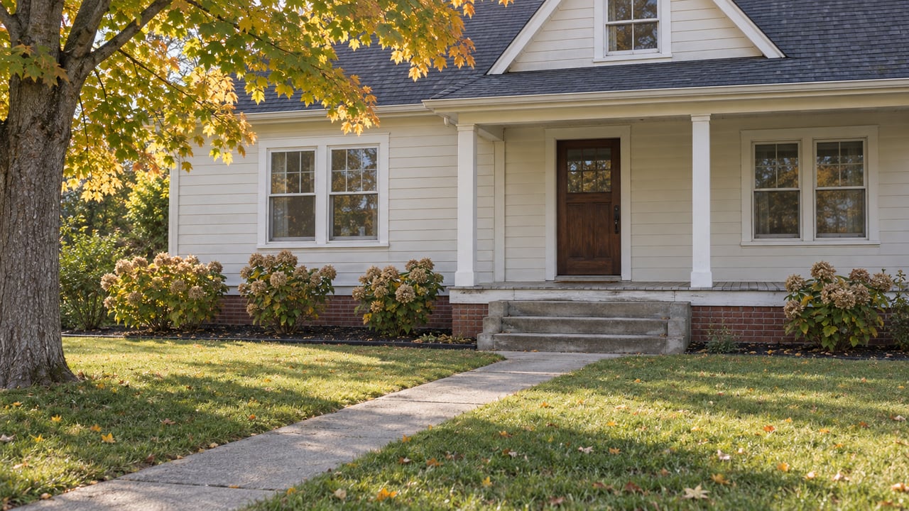 An ivory clapboard home with a covered front porch, concrete walk and deep lawn beneath a yellow-orange maple.
