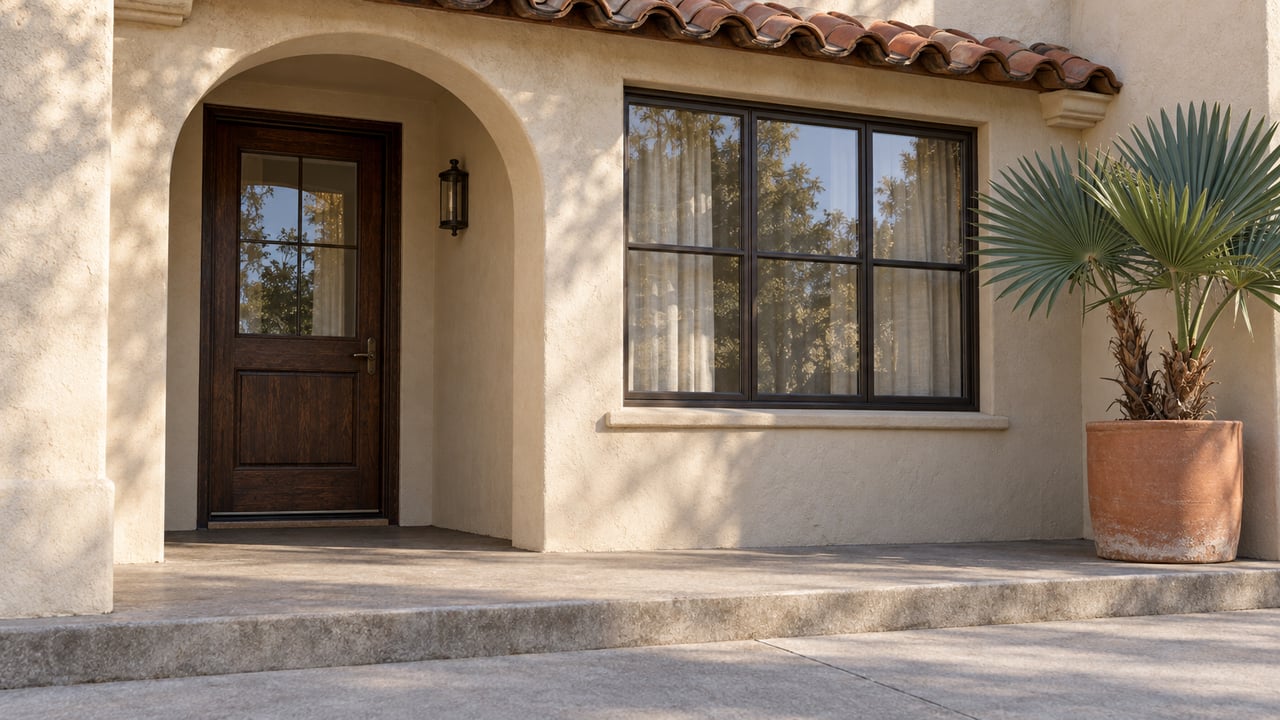 Stucco home entry with an arched doorway, dark wood door, large window, and potted palm.
