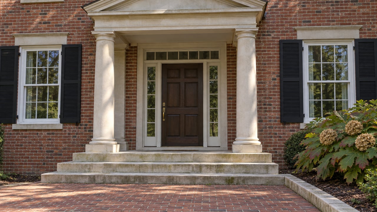 Red brick house entrance with limestone columns, a dark oak door, broad stone steps and an oakleaf hydrangea.