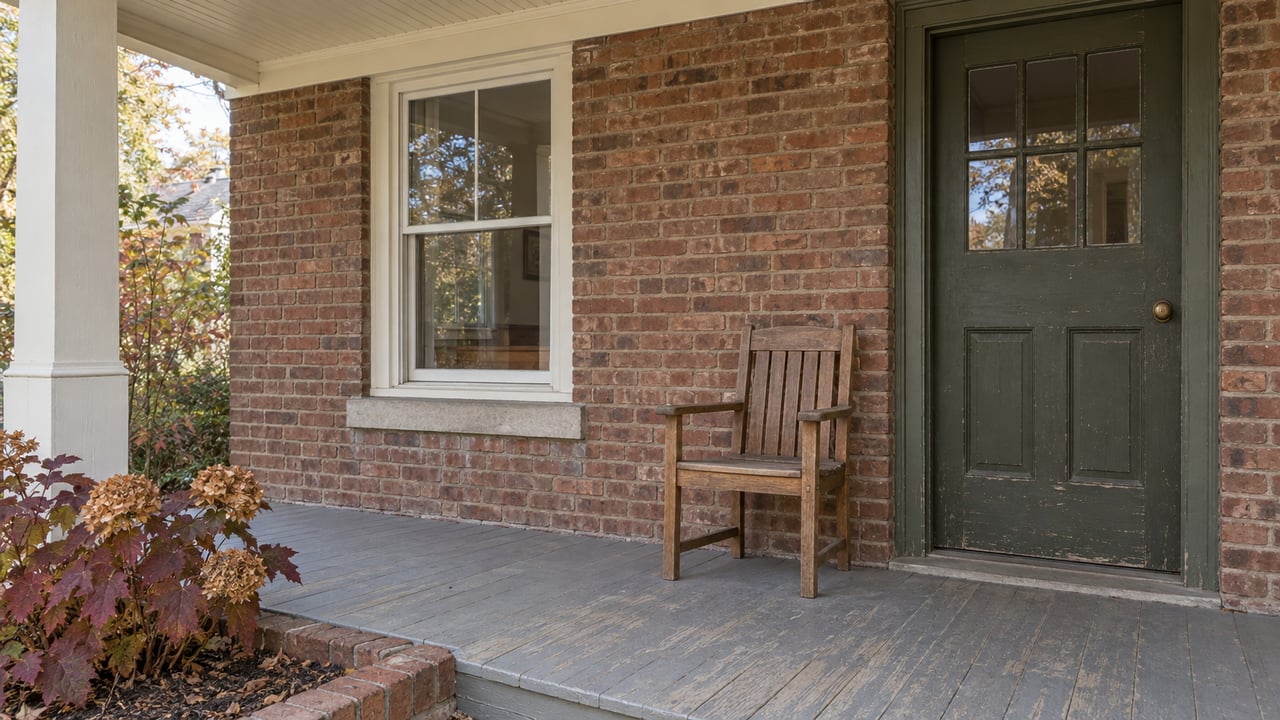 A covered brick-house porch with a dark olive glazed door, white double-hung window, worn gray floorboards and autumn oakleaf hydrangea.