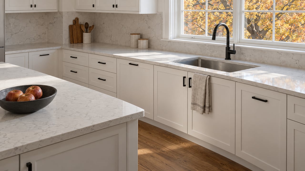 An updated white kitchen with pale quartz counters, warm oak floors, and autumn leaves visible through a multi-pane window.
