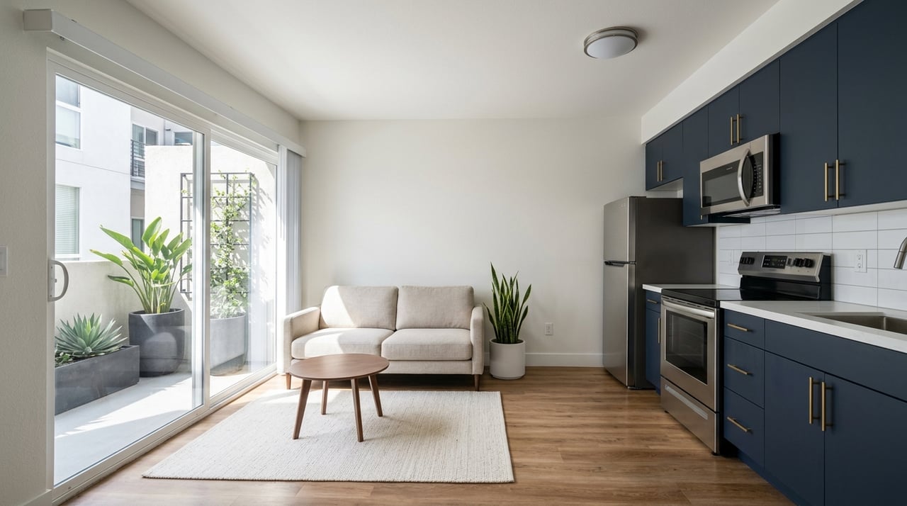 Renovated apartment living room opening to a galley kitchen with navy cabinets and brass hardware.