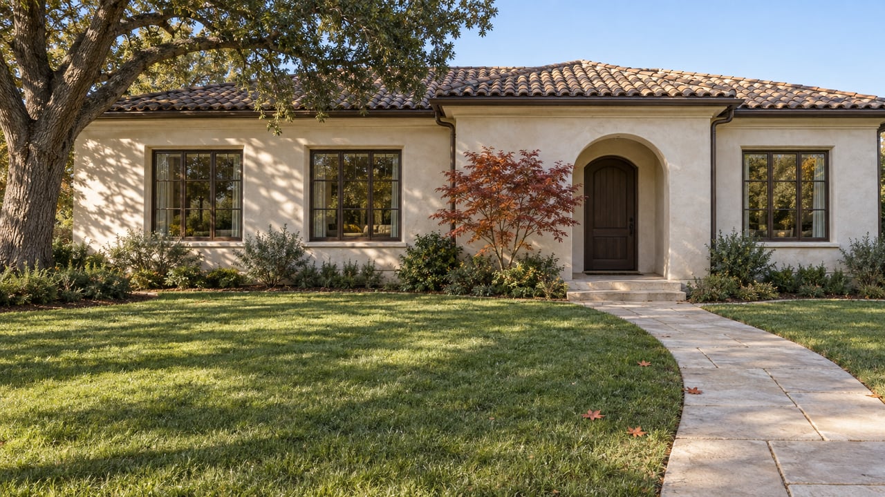 Autumn afternoon light crosses a deep lawn before a pale stucco home with a clay tile roof, arched entrance and copper-red maple.