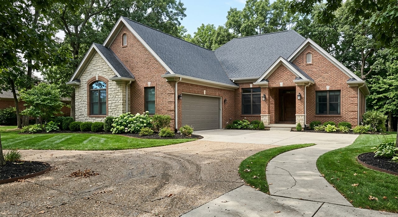 Brick-and-limestone house with a garage beside a curved gravel driveway under mature trees.