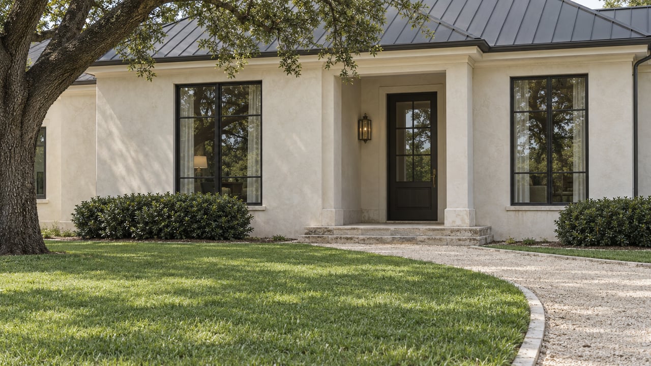 Off-white stucco estate wing with a recessed entry, tall windows, curved limestone approach, and oak canopy.