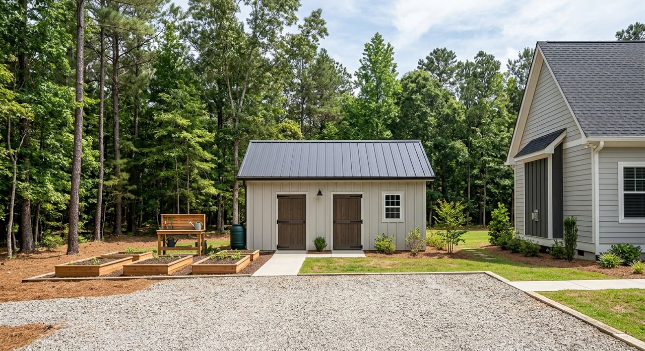 Centered outbuilding beside raised cedar garden beds, a potting bench, and blueberry shrubs.