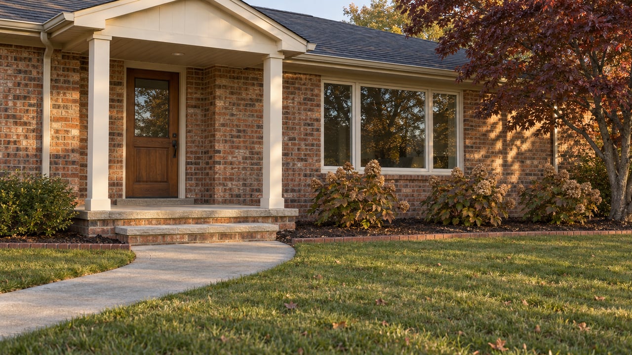 Russet brick home with a sheltered oak entry, limestone-capped steps, rolling lawn and burgundy dogwood foliage in late-afternoon light.