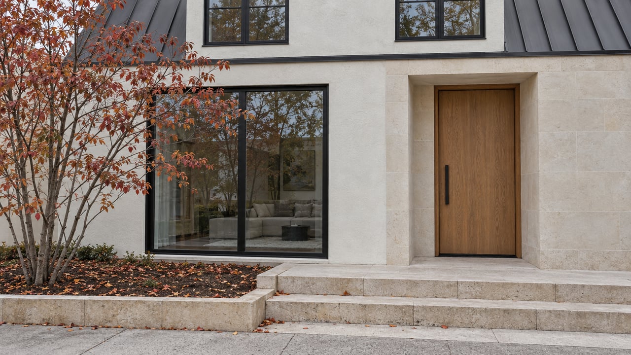Compact home frontage with limestone steps, oak door, black-framed windows, and a sparse red-leaved tree.