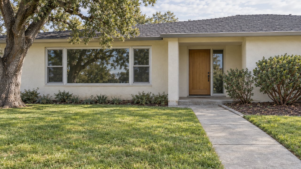 Low stucco home behind a deep autumn lawn, with an oak tree, textured concrete approach and recessed timber entrance.