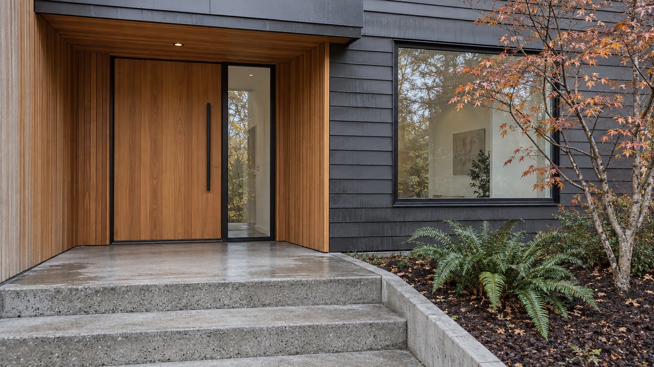 Cedar entrance beneath a thin canopy, with charcoal siding, a large window and damp concrete steps beside a vine maple and sword ferns.