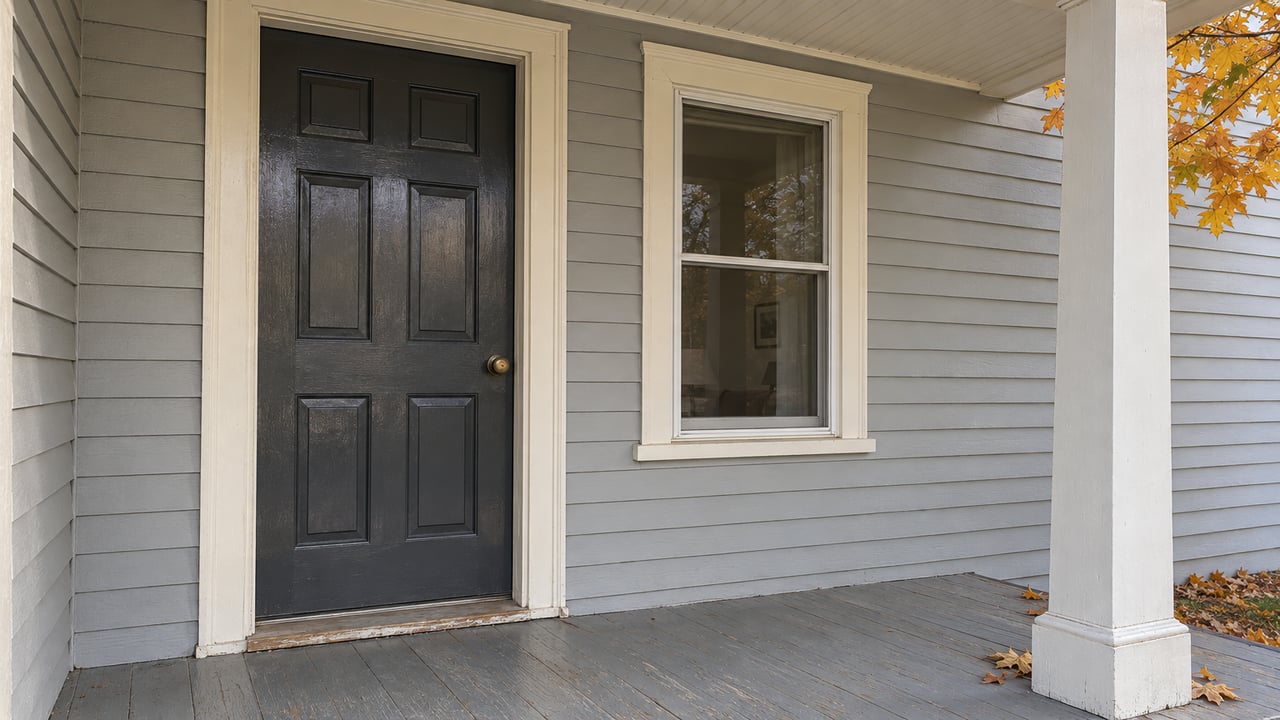 Charcoal raised-panel front door and cream trim on a weathered gray wooden porch, with amber maple leaves at the edge.
