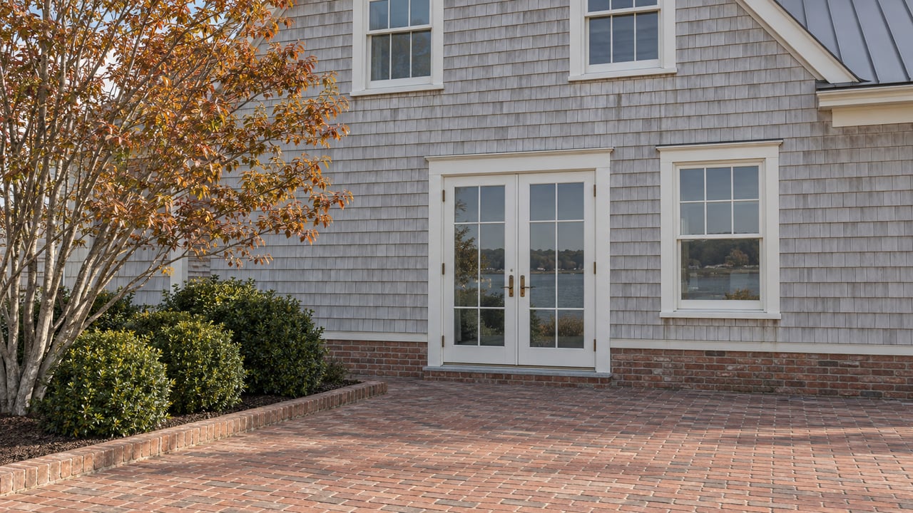 Two-story gray-shingled waterfront house with glazed French doors, brick terrace, and copper-leaved tree.