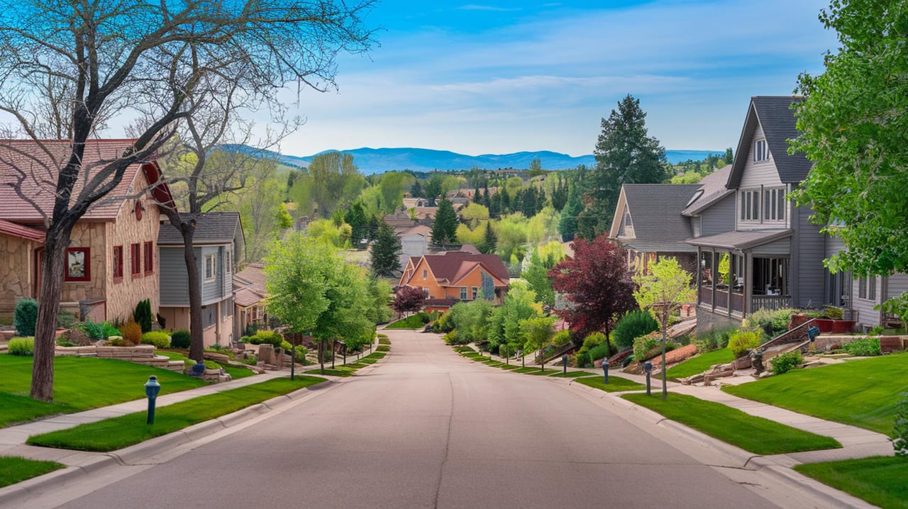 Suburban street slopes downhill past colorful homes and leafy trees toward distant blue hills.