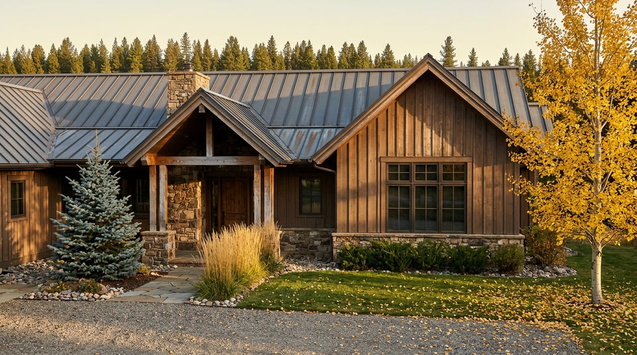 Mountain home with a timber-and-stone facade, gravel drive, blue spruce, golden grasses, and yellow aspens.