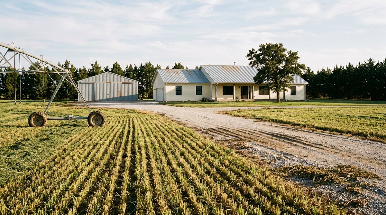 Cream-sided ranch house and metal pole barn beyond cut alfalfa rows, with an irrigation wheel in the field.