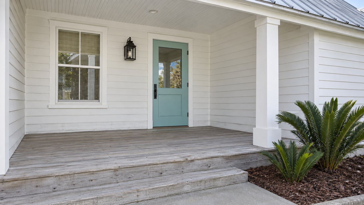 Aqua front door and white clapboard beneath a covered porch, with silvered wood decking and two coontie plants beside a concrete landing.