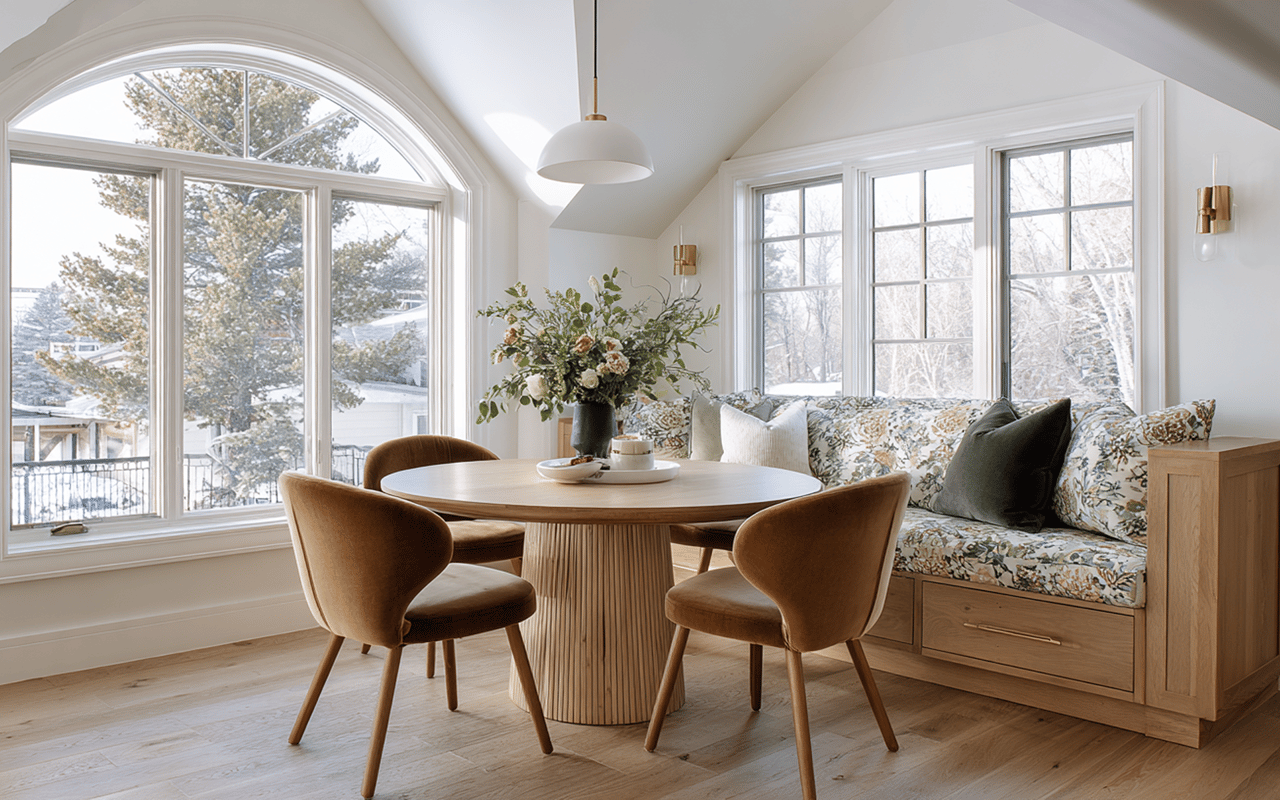 Dining nook with a round wood table, built-in window seat, and large windows overlooking snowy trees.