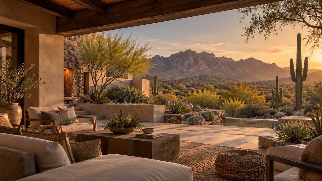 Conceptual illustration of a shaded desert terrace overlooking saguaros and mountains at sunset.