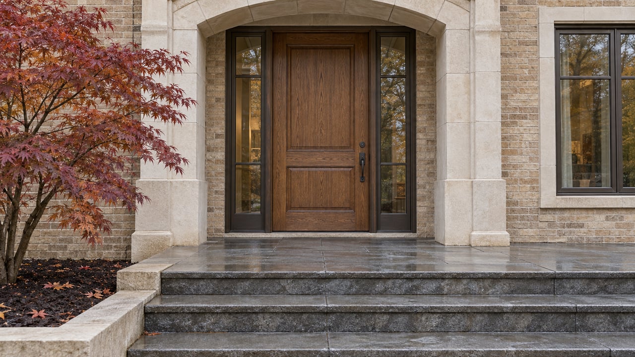 Rain-darkened bluestone steps lead to an oak front door framed by buff brick and limestone, beside copper-red maple foliage.