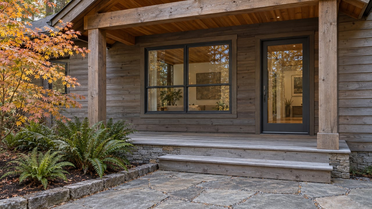 Weathered cedar home with a covered timber porch, closed glazed entry, stone approach and autumn vine maple beside sword ferns.