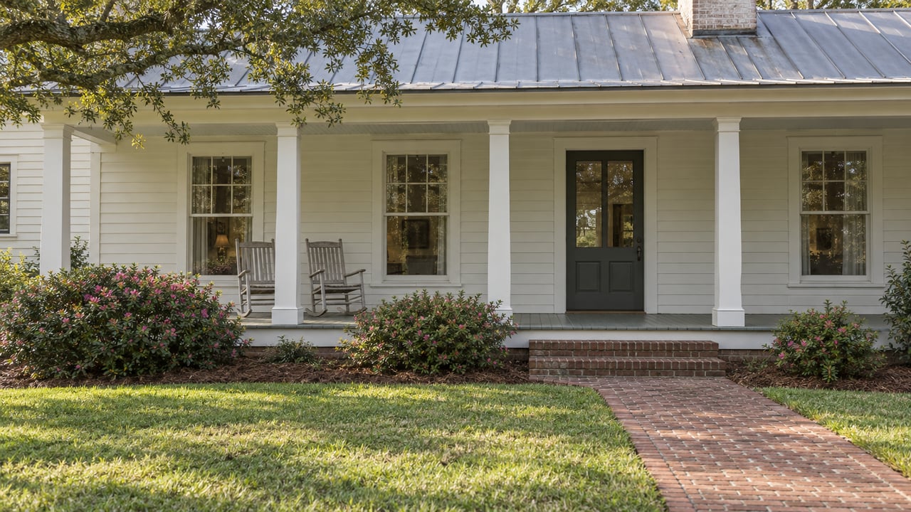 White wood-sided house with a metal porch roof, brick approach, deep lawn and mature live-oak branch.