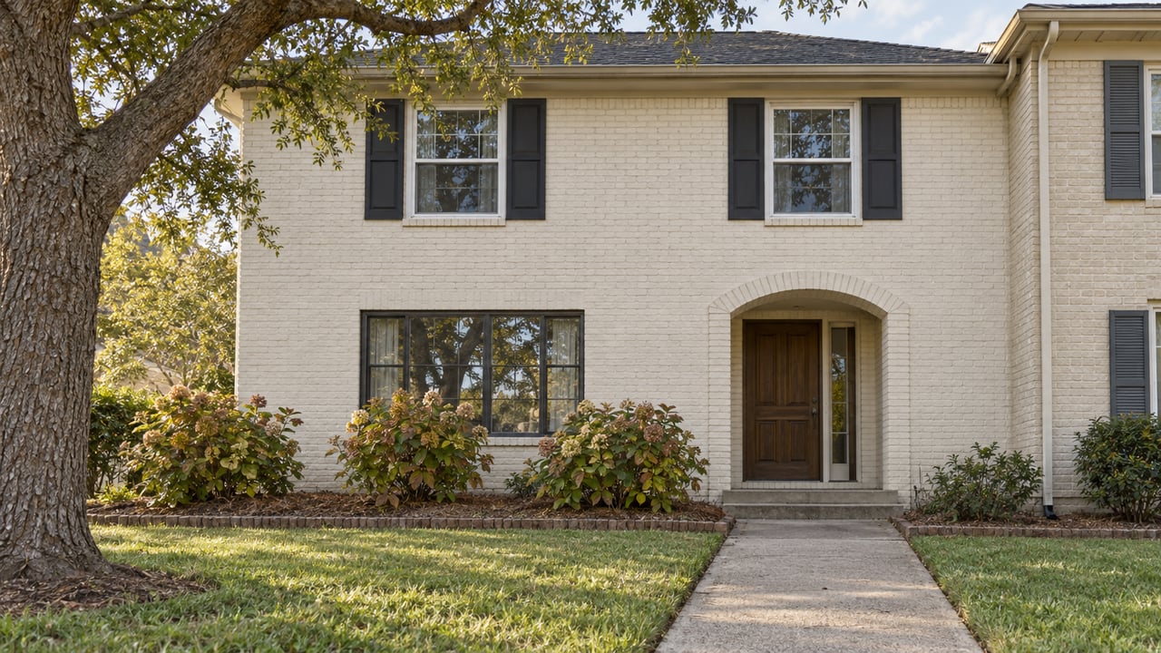 Light-painted brick attached home with dark shutters, a sheltered wood entry, lawn, and a spreading live oak beside the concrete approach.