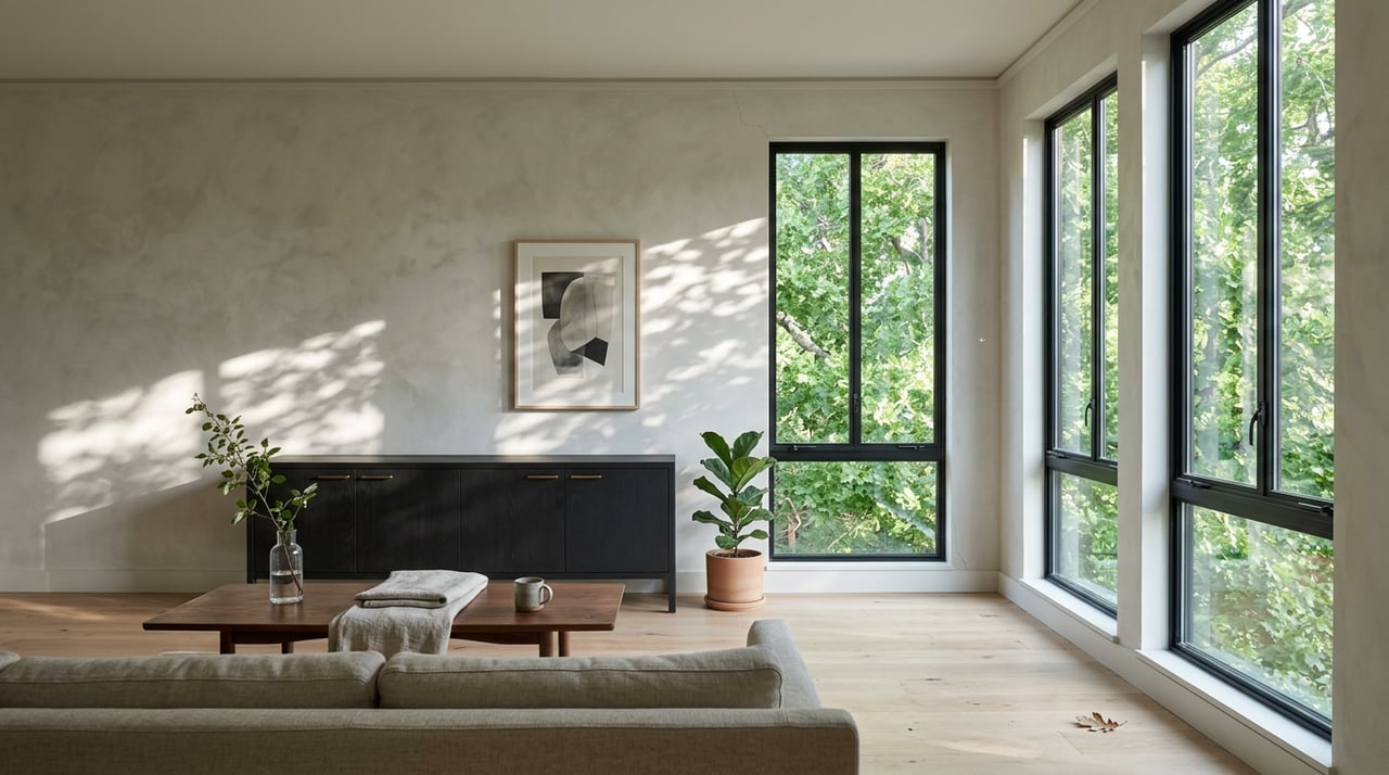 Renovated living room with a walnut coffee table, charcoal credenza, and leafy trees visible through tall windows.