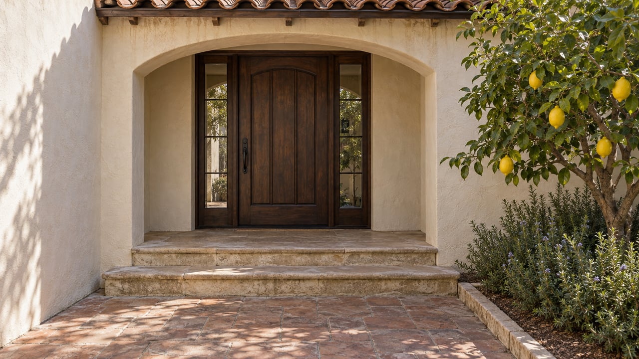 Cream stucco entry court with an arched tiled eave, dark oak door, stone steps, and a fruiting lemon tree.