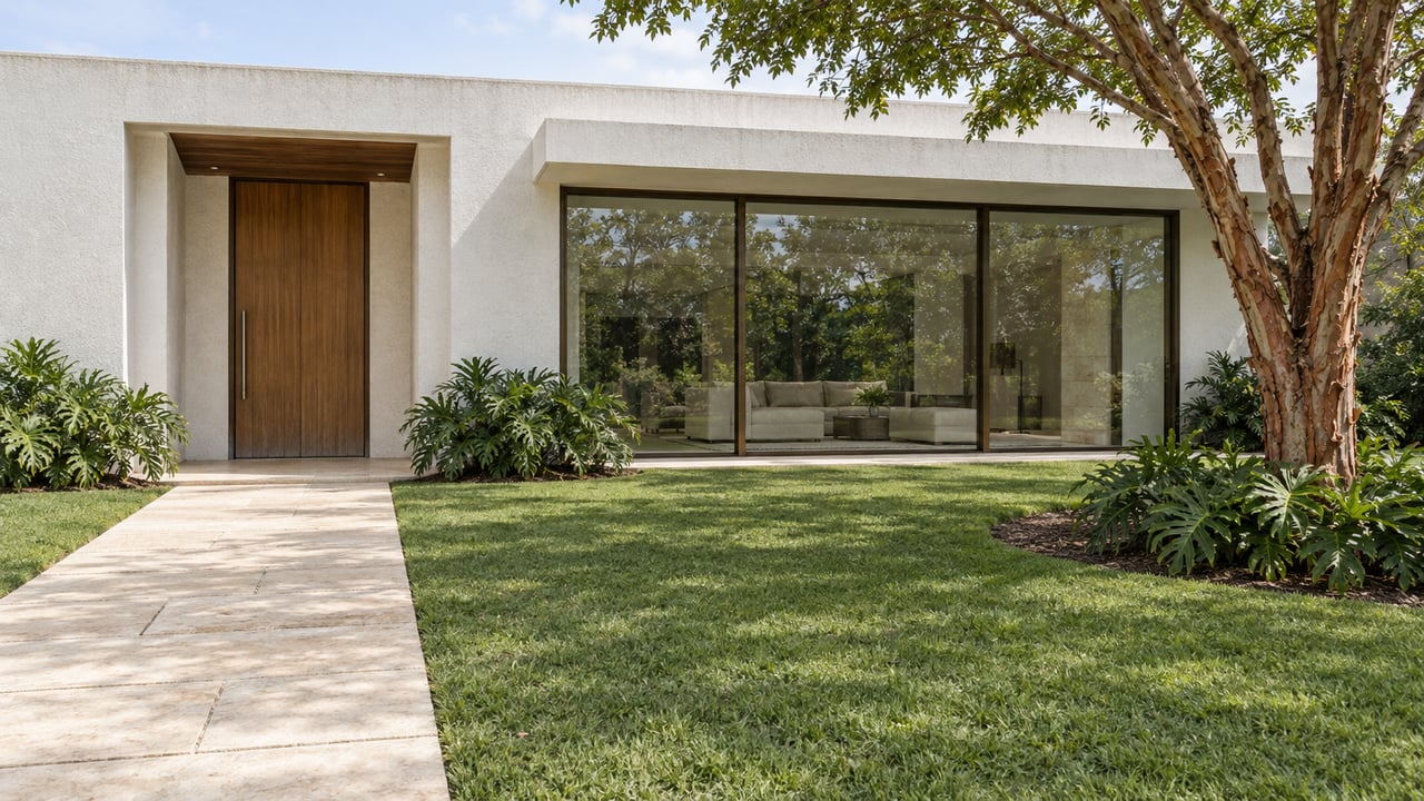 White stucco residence with a recessed teak entrance, bronze-framed windows and limestone approach across a deep tropical lawn.