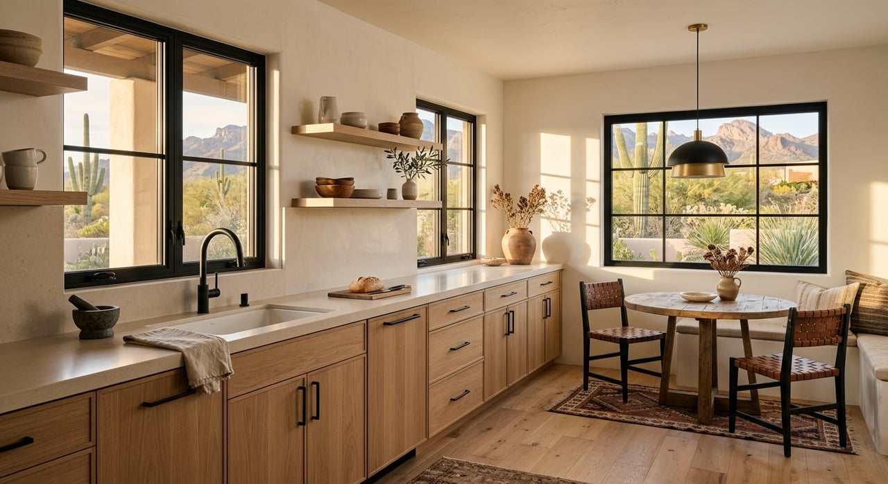 Oak kitchen with a quartzite island, round breakfast table, and courtyard plants beyond the picture window.