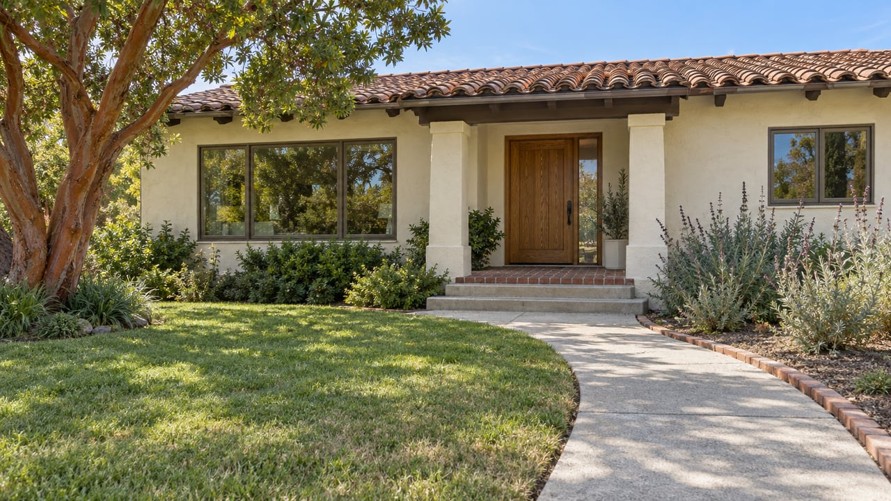 An established stucco home with a red clay tile roof, recessed brick porch and deep front garden in clear morning light.