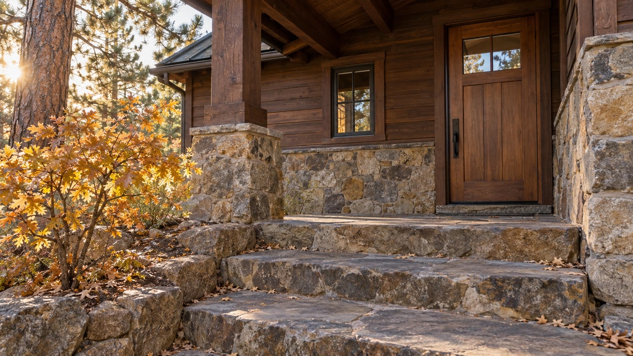 Flagstone steps climb to a timber-and-stone home’s recessed entry beneath a porch, beside autumn-gold oak leaves.