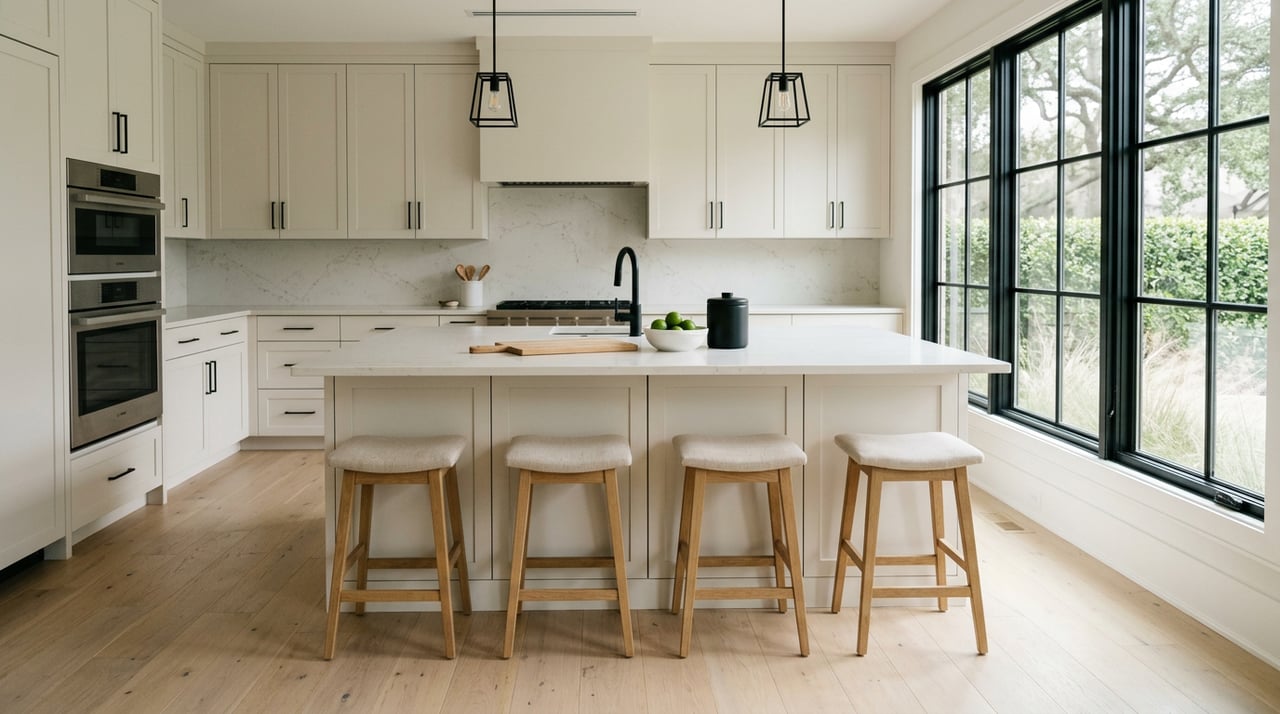 Kitchen with a pale island, matching cabinetry, and black-mullioned windows.