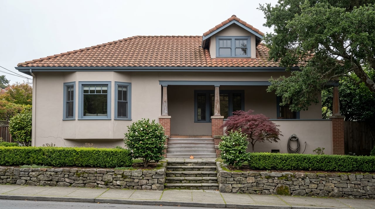 Two-story stucco house with a tiled roof, bay window, stone retaining wall, and terraced garden.