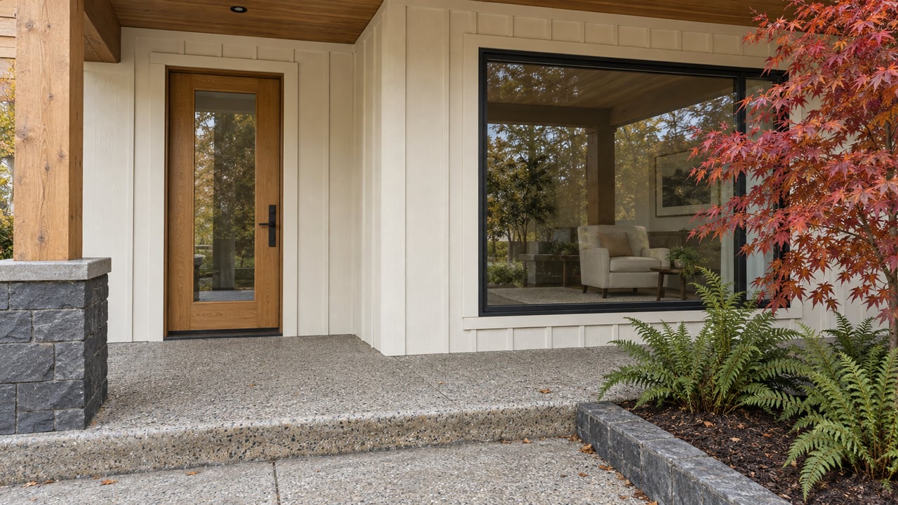 Covered front porch with ivory board-and-batten siding, an oak entry door, black-framed window, basalt details, and red maple leaves.