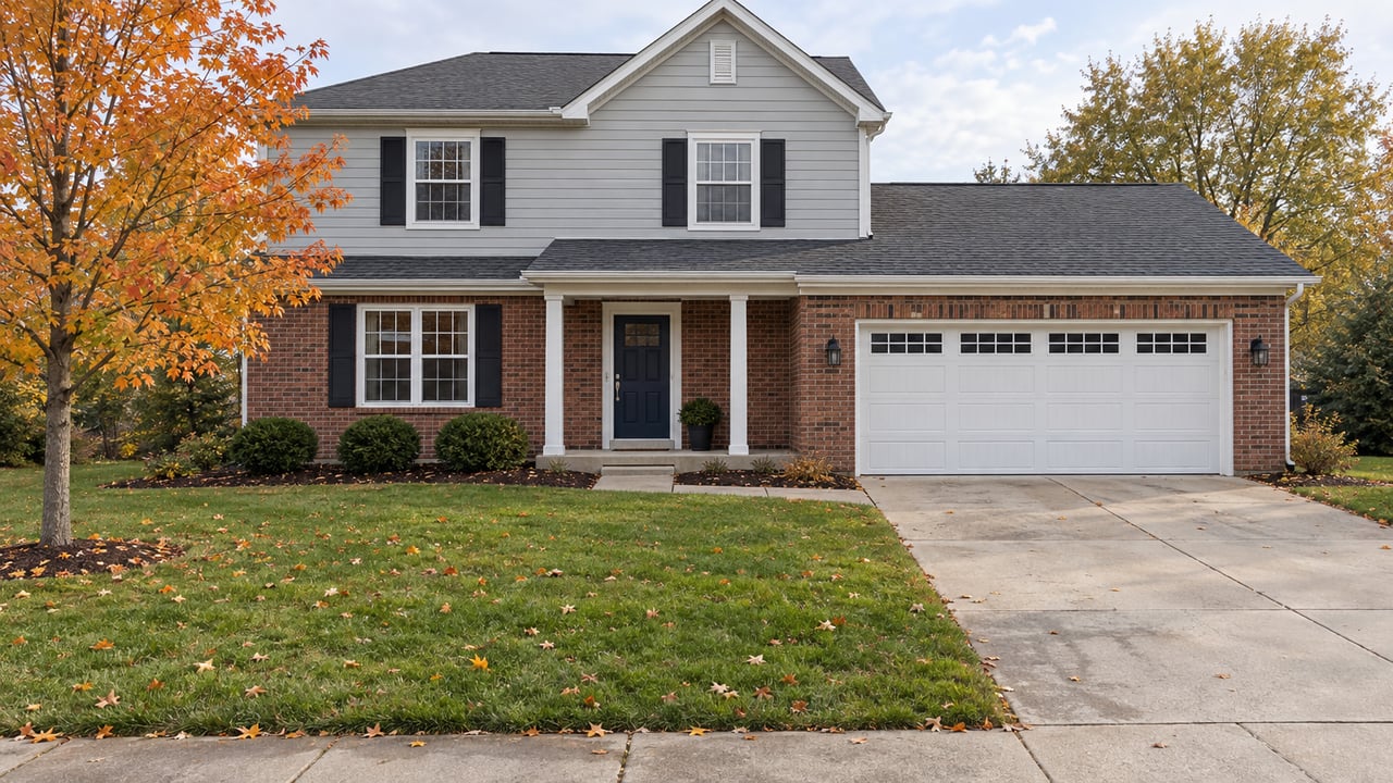Brick-and-gray-sided home with a covered entry, two-car garage, broad autumn lawn and orange-leaved maple.