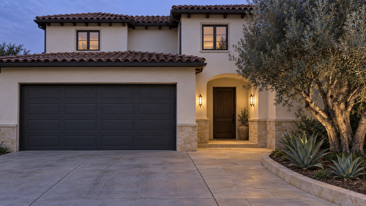 Cream stucco home with terracotta roof, charcoal two-car garage and warmly lit stone entry beside a silver-leaved olive tree and agaves at twilight.