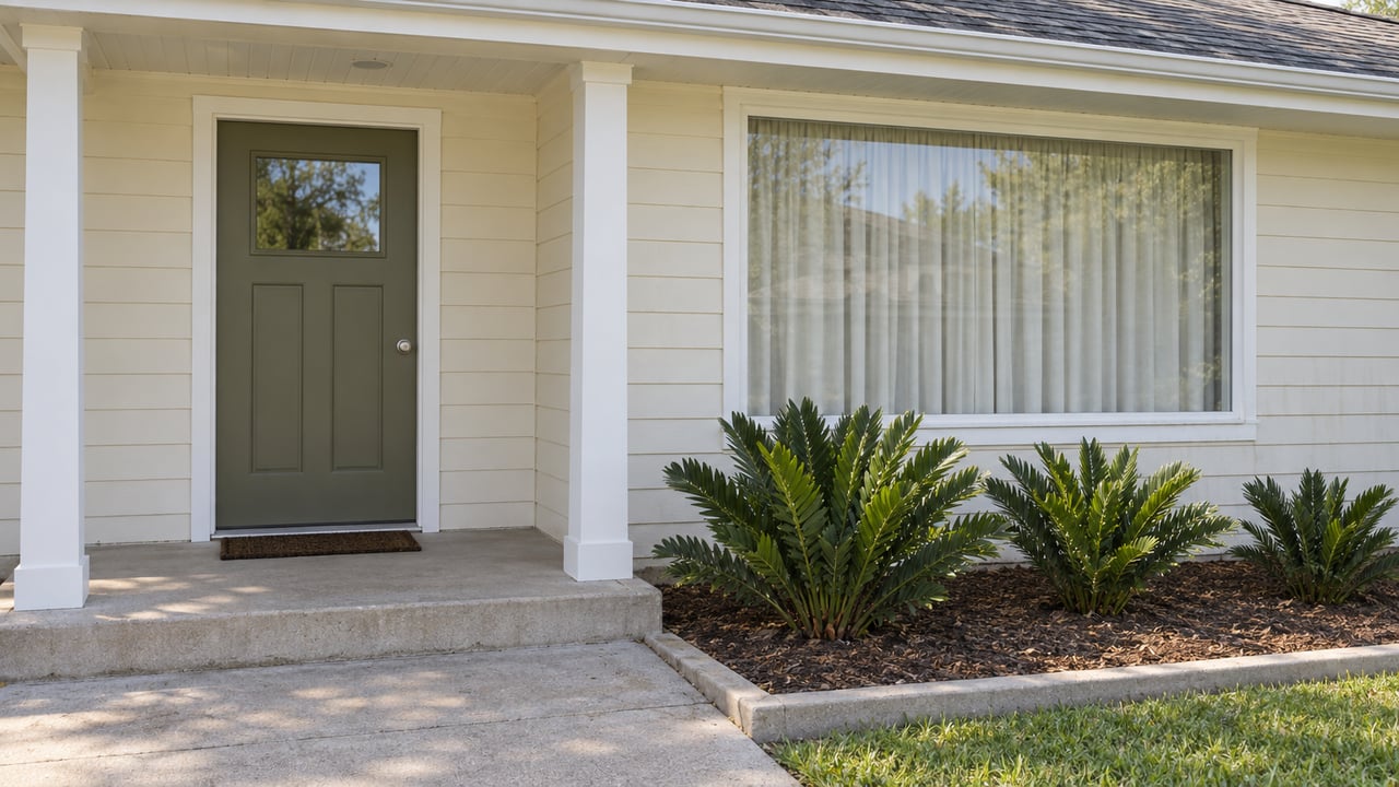 Cream-sided ranch entry with white porch posts, an olive door, a picture window and coontie planting beside a concrete walk.