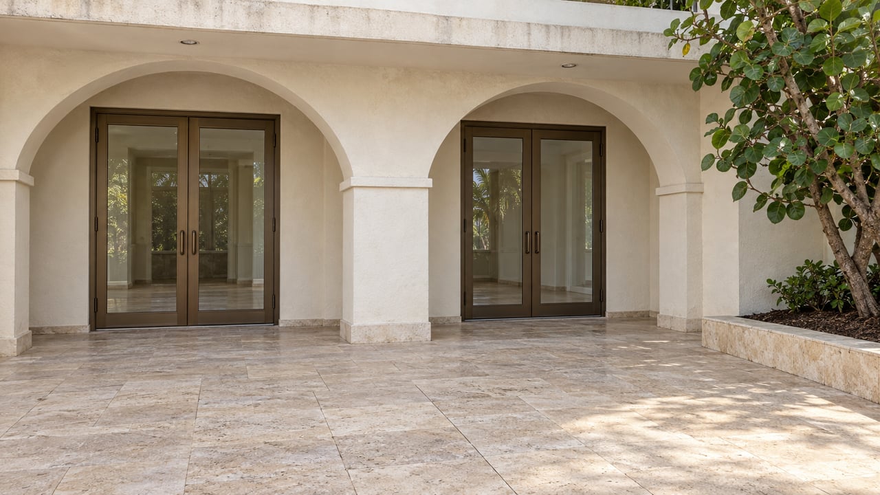 Weathered cream-stucco condominium loggia with paired arched bays, closed bronze-framed glass doors, limestone terrace, and a sea grape tree.