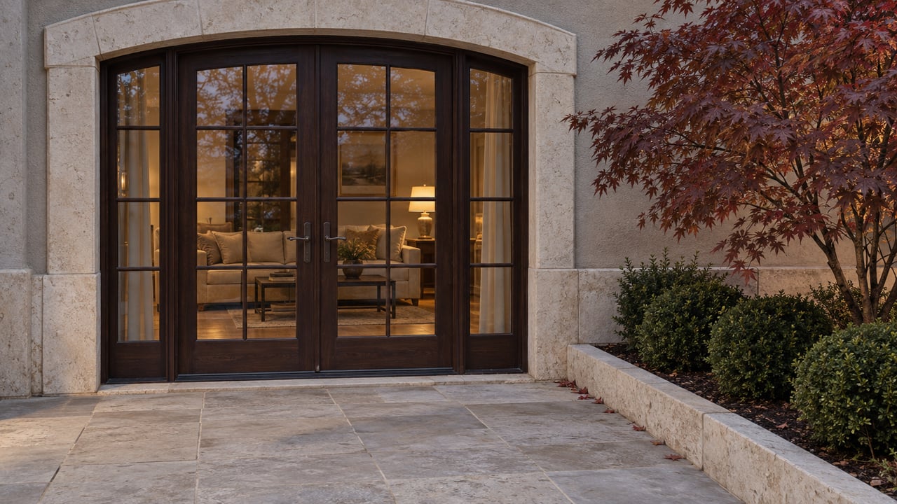 Closed glazed double doors in a limestone arch open visually onto a warmly lit room, above a stone terrace edged by a raised bed with a burgundy Japanese maple.
