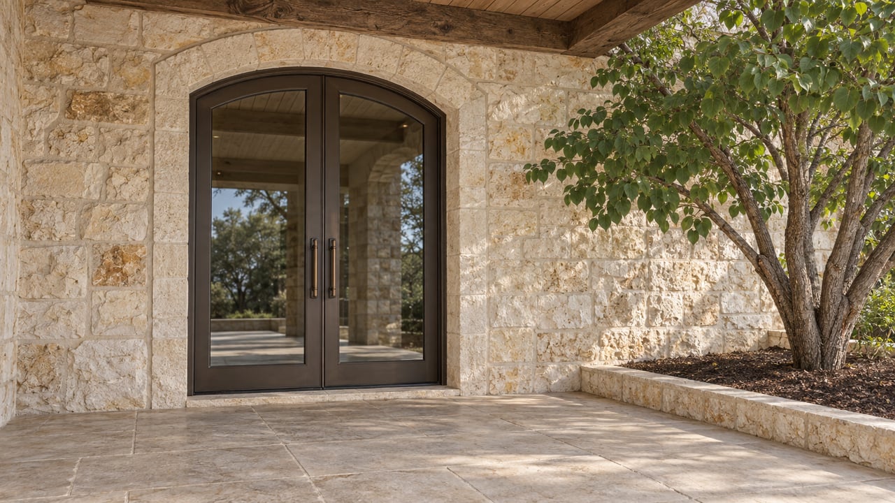 Cream limestone terrace with arched bronze-framed glass doors, a weathered oak roof and a single leafy redbud.