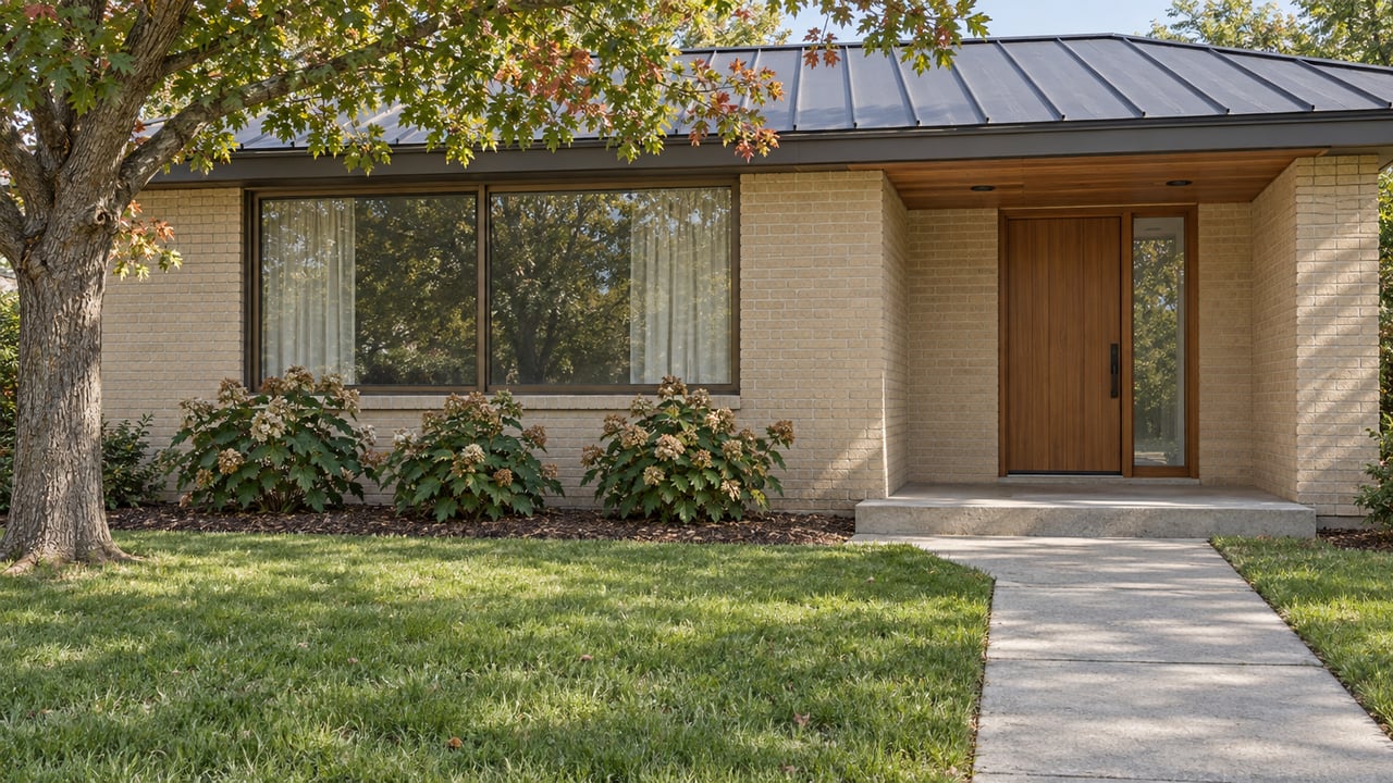 Pale-brick single-story home with a cedar entry porch, broad front window and lawn beneath a spreading oak.