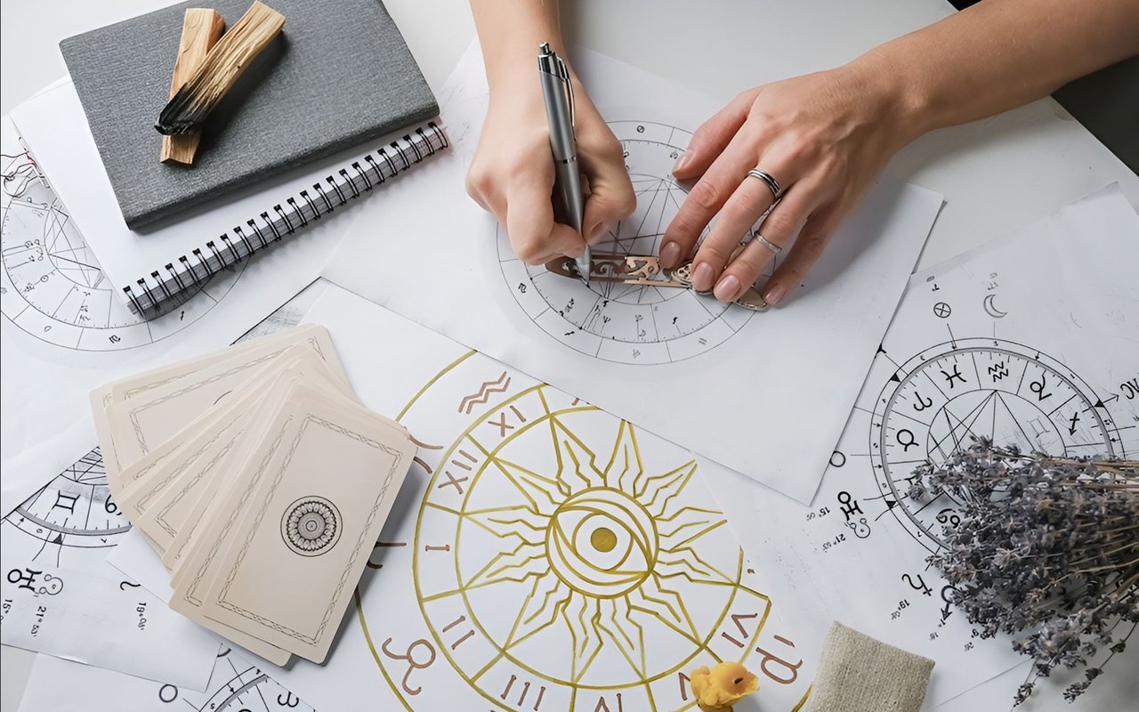 Hands mark an astrology chart among tarot cards, zodiac diagrams, and dried herbs.