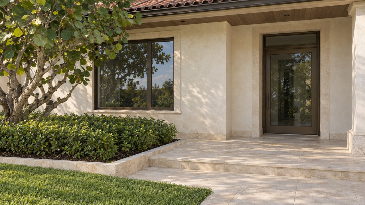 Cream stucco home entrance with a bronze-framed glass door, pale limestone steps and a mature sea grape tree.