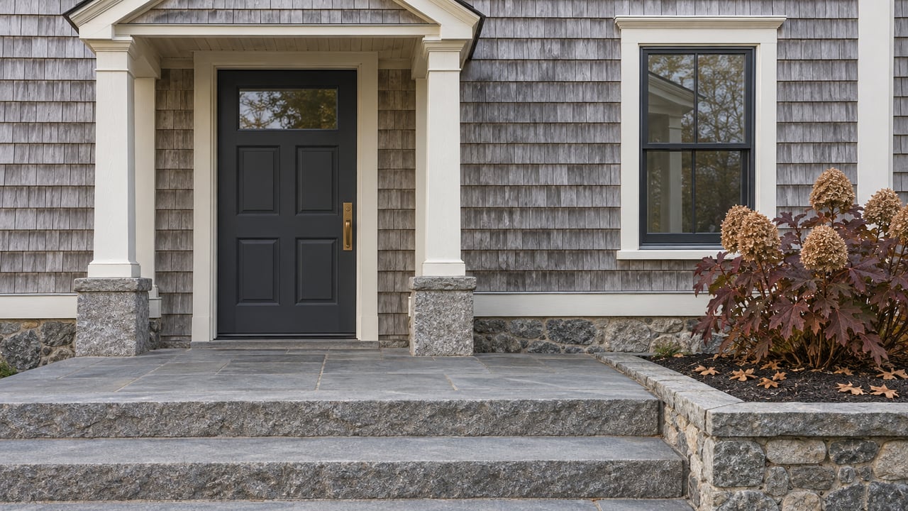 A cedar-shingled home's sheltered charcoal entry door, granite steps and burgundy oakleaf hydrangea in soft autumn daylight.