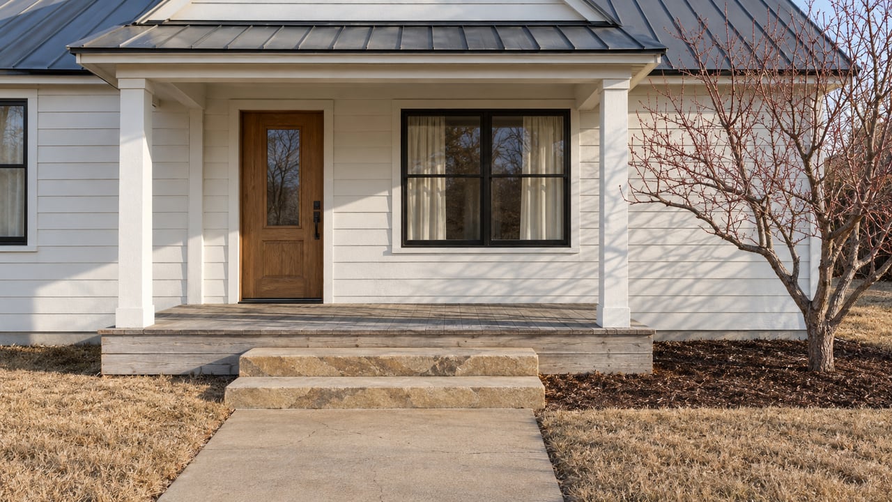 An off-white wood house with a sheltered oak entry, weathered porch boards and sandstone steps beside a bare peach tree.