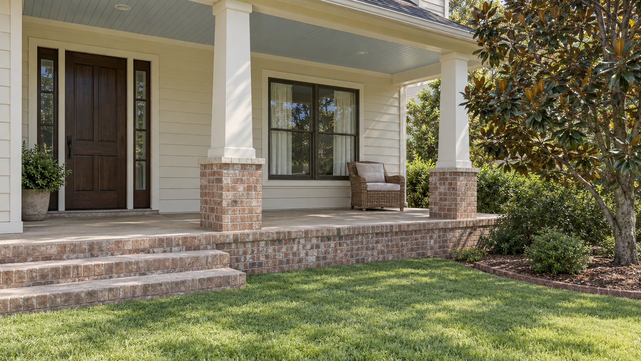 Sunlit ivory clapboard home with a raised columned veranda, dark wood entry, wicker chair and magnolia beside a green lawn.