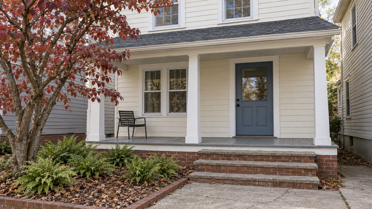 Ivory clapboard house with a covered porch, blue front door and brick steps beside a burgundy-leaved flowering dogwood.