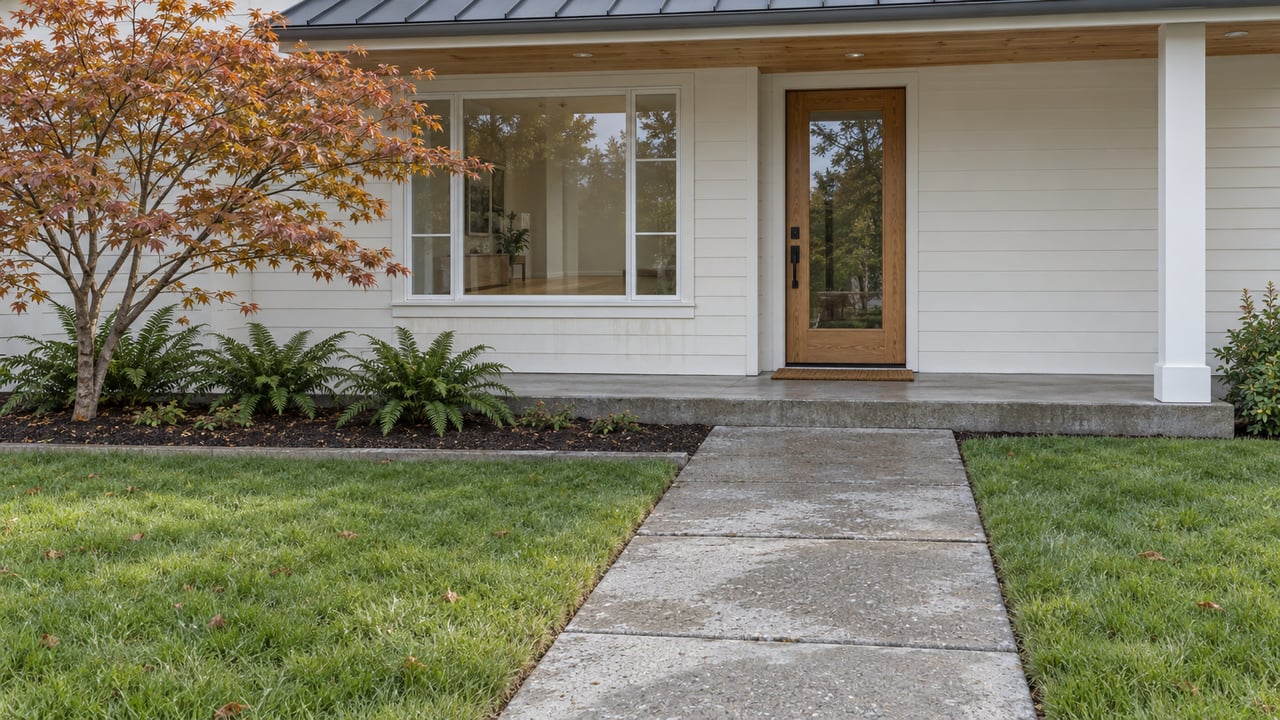 A covered entry with an oak door and white-framed picture window overlooks a damp concrete walk, lawn, and autumn vine maple.