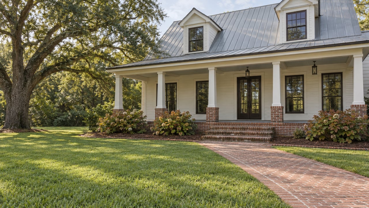 A painted wood home with a broad covered porch, brick approach and deep lawn beside a mature live oak.
